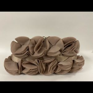 Champagne ruffled clutch with silver chain handle